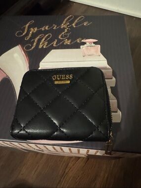 GUESS Quilted Black Zip-Around Mini Wallet with Gold Logo